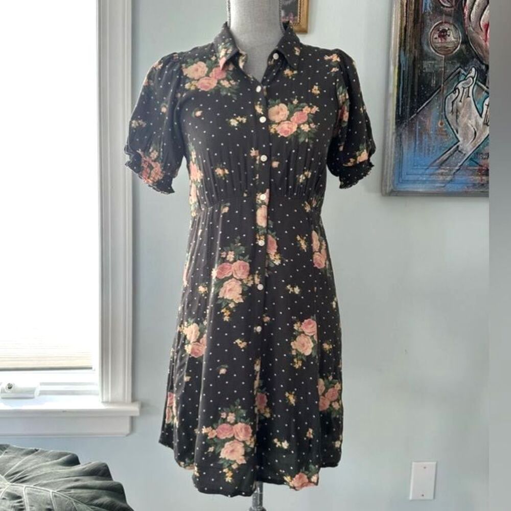 American Eagle AE Floral Polka Dot Puff Sleeve Grey Shirt Dress size XS - Picture 2 of 9